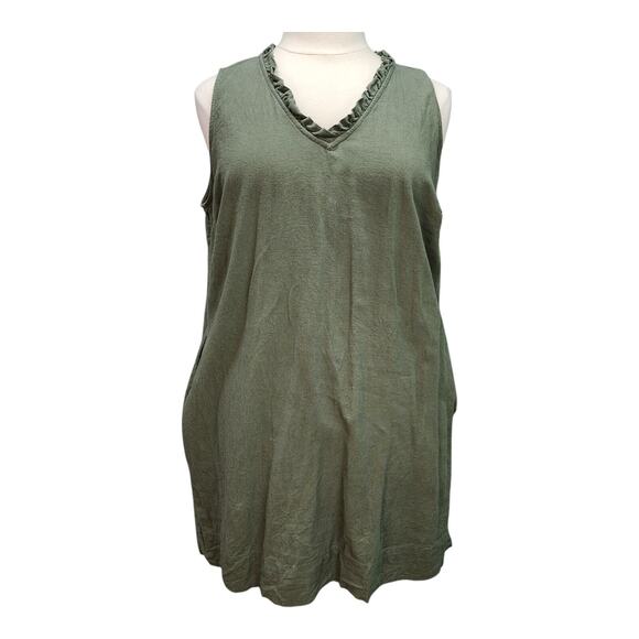 Briggs Sundress Women XXL Army Green Linen Blend Ruffle Tank Dress Summer Casual - Picture 2 of 12